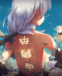 Rule 34 | 1girl, bare shoulders, blue sky, breasts, broken, broken chain, chain, cloud, damaged, day, dress, from behind, glowing, hair ornament, hair over shoulder, hand up, honkai (series), honkai impact 3rd, long hair, low ponytail, nun, outdoors, shoulder blades, sidelocks, silver hair, sky, small breasts, solo, stigmata, theresa apocalypse, theresa apocalypse (valkyrie pledge), torn clothes, w.t