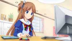 Rule 34 | 1girl, blue eyes, bow, brown hair, chest of drawers, computer, curtains, desk, flower pot, hair ornament, hair ribbon, hair tie, highres, keyboard (computer), long hair, madobe ai, madobe yuu, microsoft, monitor, mouse (computer), os-tan, photo (object), picture frame, plant, ribbon, school uniform, serafuku, side ponytail, smile, solo, tablet pc, window, windows 8
