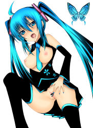 Rule 34 | 1girl, ahoge, aqua eyes, aqua hair, bad id, bad pixiv id, blush, breasts, bug, butterfly, censored, daive, detached sleeves, fangs, hatsune miku, highres, insect, jump logo, long hair, nipples, novelty censor, nude, open mouth, pirate, pointless censoring, pussy, saliva, simple background, skirt, solo, thighhighs, twintails, very long hair, vocaloid, zettai ryouiki