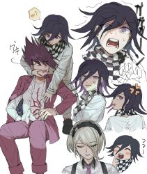 Rule 34 | 1girl, 2boys, :d, anger vein, black hair, black scarf, blonde hair, blush stickers, checkered clothes, checkered scarf, danganronpa (series), danganronpa v3: killing harmony, facial hair, flipped hair, goatee, hair over one eye, heart, highres, invisible chair, jacket, looking at another, momota kaito, multiple boys, musical note, nasubinonono, open clothes, open mouth, open shirt, oma kokichi, pants, pink eyes, pink jacket, pink pants, print shirt, scarf, shirt, short hair, sitting, smile, space print, spiked hair, spoken musical note, starry sky print, tojo kirumi, translation request, white jacket, white scarf