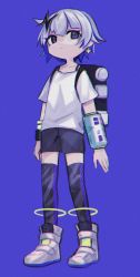 Rule 34 | 1girl, aoki shizumi, backpack, bag, black shorts, blue eyes, blue hair, closed mouth, earrings, eclair groove, hair ornament, highres, jewelry, metro mew, multicolored hair, shirt, shoes, short hair, short sleeves, shorts, simple background, solo, thighhighs, two-tone hair, virtual youtuber, white footwear, white hair, white shirt