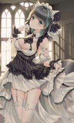 Rule 34 | 1girl, absurdres, aqua eyes, azur lane, black dress, black hair, blush, breasts, cheshire (azur lane), cleavage, cleavage cutout, clothing cutout, colored eyelashes, dress, frilled bracelet, frills, garter belt, green hair, hair ornament, highres, holding, holding clothes, holding skirt, indoors, large breasts, looking at viewer, maid, maid headdress, multicolored hair, nail polish, pink nails, skirt, solo, streaked hair, thigh gap, thighhighs, thighs, two-tone dress, two-tone hair, ueng, white thighhighs, window