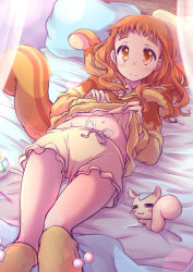 Rule 34 | 1girl, arisugawa himari, bed sheet, blush, brown eyes, brown hair, closed mouth, clothes lift, commentary, curtains, frilled shorts, frills, highres, hood, hood down, hoodie, kirakira precure a la mode, lifted by self, light frown, long hair, looking at viewer, lying, muusu, navel, on back, on bed, pajamas, pillow, precure, shirt lift, shorts, socks, solo, squirrel hood, squirrel tail, stuffed toy, tail, thigh gap, yellow hoodie, yellow shorts, yellow socks