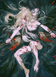 Rule 34 | 1boy, 1girl, angry, ashaf, axe, bare arms, bare legs, bare shoulders, barefoot, black cloak, black dress, black hair, blonde hair, blood, blood in hair, blood on arm, blood on face, blood on hands, blood on leg, bloody tears, bloody weapon, breasts, cleavage, clenched teeth, cloak, closed eyes, cuts, dress, dual wielding, eyelashes, facing to the side, fang, fang out, feathers, feet out of frame, floating hair, guideau, highres, holding, holding axe, huangdanlan, hug, hug from behind, injury, jumping, knees up, long hair, looking afar, majo to yajuu, neck tattoo, outstretched arms, sleeveless, sleeveless dress, smile, strap slip, tattoo, teeth, torn clothes, torn dress, weapon, winged arms, wings, yellow eyes