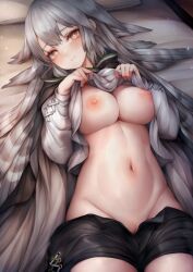 Rule 34 | 1girl, arknights, bad id, bad pixiv id, bar censor, black shorts, blush, breasts, censored, clothes lift, commission, fartooth (arknights), feather hair, grey hair, hood, hooded jacket, jacket, large breasts, long hair, long sleeves, looking at viewer, midriff, navel, nipples, on bed, pussy, shirt lift, shorts, skeb commission, smile, snm (sunimi), solo