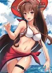 Rule 34 | 1girl, :d, adapted costume, artist name, bare arms, bare shoulders, bikini, blue sky, breasts, brown hair, cherry blossoms, cleavage, cloud, collar, collarbone, day, flower, hair between eyes, hair flower, hair intakes, hair ornament, headgear, holding, holding umbrella, horizon, kantai collection, kikumon, large breasts, long hair, looking at viewer, navel, ocean, oil-paper umbrella, open mouth, outdoors, parasol, red umbrella, sakiyamama, sarong, shiny skin, sky, smile, solo, summer, swimsuit, tan, thigh strap, umbrella, very long hair, water, white bikini, yamato (kancolle)