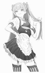 Rule 34 | 1girl, apron, blush, bow, contrapposto, fingernails, frills, garter belt, greyscale, hair bow, hand in own hair, hand on own hip, heart, highres, kona ming, lina (michihasu), long hair, maid, maid apron, monochrome, original, puffy sleeves, simple background, skindentation, smile, solo, striped bow, striped clothes, striped thighhighs, teeth, thighhighs, twintails, white background