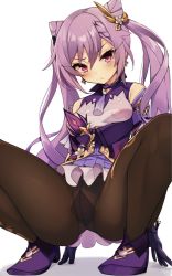 Rule 34 | 1girl, black gloves, breasts, brown pantyhose, closed mouth, cone hair bun, genshin impact, gloves, hair bun, highres, jovejun, keqing (genshin impact), long hair, looking at viewer, medium breasts, panties, panties under pantyhose, pantyhose, pink eyes, purple hair, simple background, solo, squatting, twintails, underwear, white background