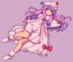 Rule 34 | 1girl, blue bow, bow, coat, crescent, crescent hat ornament, frilled coat, frilled hat, frills, hair bow, hat, hat ornament, long hair, long sleeves, lying, mob cap, patchouli knowledge, pixel art, potemki11, puffy long sleeves, puffy sleeves, purple eyes, purple hair, purple theme, red bow, solo, touhou
