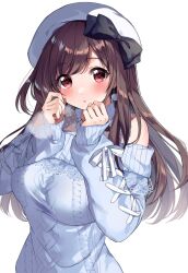 Rule 34 | 1girl, bare shoulders, beeftanizoko, black ribbon, blue sweater, blush, bow, breasts, breath, brown eyes, brown hair, dot nose, earrings, hair bow, hair ribbon, hands up, hat, highres, idolmaster, idolmaster shiny colors, jewelry, large breasts, long hair, long sleeves, looking at viewer, parted lips, polka dot, ribbon, ribbon-trimmed sweater, see-through, simple background, solo, steam, sweater, swept bangs, tsukioka kogane, upper body, white background, white hat