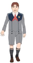 Rule 34 | 10s, 1boy, brown hair, darling in the franxx, full body, futoshi (darling in the franxx), legwear garter, male focus, open mouth, school uniform, short hair, shorts, simple background, smile, socks, solo, standing, thick eyebrows, transparent background