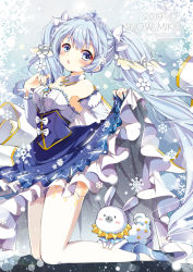 Rule 34 | 1girl, artist name, blue background, blue eyes, blue footwear, blue hair, blue nails, blue skirt, blush, breasts, character name, detached sleeves, from side, hatsune miku, high heels, kneeling, long hair, medium breasts, nail polish, open mouth, rabbit, rabbit yukine, skirt, skirt hold, snowflakes, subin, thighhighs, tiara, twintails, very long hair, vocaloid, white sleeves, white thighhighs, yuki miku, yuki miku (2019)