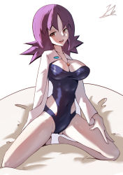 Rule 34 | 1girl, :d, absurdres, barefoot, blue one-piece swimsuit, breasts, brown eyes, cleavage, commentary request, covered navel, creatures (company), full body, game freak, hand on own thigh, highres, jewelry, jiaban1216, kneeling, lab coat, long sleeves, looking at viewer, necklace, nintendo, one-piece swimsuit, open mouth, philena ivy, pokemon, pokemon (anime), pokemon (classic anime), purple hair, short hair, smile, solo, strapless, swimsuit, thighs