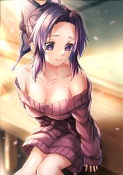 Rule 34 | 1girl, alternate costume, arm support, bare shoulders, black hair, blurry, blurry background, breasts, brown sweater, butterfly hair ornament, cleavage, closed mouth, collarbone, commentary request, depth of field, forehead, gradient hair, hair ornament, highres, kimetsu no yaiba, kochou shinobu, long sleeves, looking away, looking to the side, medium breasts, multicolored hair, off-shoulder sweater, off shoulder, parted bangs, purple eyes, purple hair, sitting, sleeves past wrists, smile, solo, sweater, toshi (1-147)
