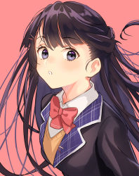 Rule 34 | 1girl, absurdres, black hair, black jacket, blazer, blue eyes, blush, bow, bowtie, breasts, collared shirt, commentary, hair ornament, hairclip, highres, jacket, long hair, looking at viewer, lq saku, medium breasts, nijisanji, orange vest, pink background, red bow, red bowtie, school uniform, shirt, simple background, solo, symbol-only commentary, tsukino mito, tsukino mito (1st costume), uniform, upper body, vest, virtual youtuber, white shirt, wing collar