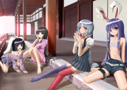 Rule 34 | 4girls, a00, all fours, animal ears, ass, bare shoulders, barefoot, belt, black hair, black nails, blue hair, blush, breasts, brown eyes, carrot necklace, cleavage, downblouse, dress, flat chest, grey eyes, hand on own face, highres, houraisan kaguya, inaba tewi, jewelry, long hair, looking at viewer, medium breasts, multiple girls, nail polish, necklace, no bra, off-shoulder, off-shoulder sweater, off shoulder, open mouth, overalls, panties, panty peek, parted lips, purple hair, rabbit ears, red eyes, reisen udongein inaba, shadow, short hair, sitting, skirt, small breasts, smile, strap slip, striped clothes, striped panties, sweater, thighhighs, toenail polish, toenails, touhou, underwear, upshorts, wariza, yagokoro eirin