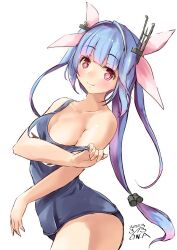 Rule 34 | 1girl, blue hair, breasts, collarbone, covered navel, cowboy shot, dated, flower-shaped pupils, hair ribbon, highres, i-19 (kancolle), kantai collection, medium breasts, name tag, one-hour drawing challenge, one-piece swimsuit, owa (ishtail), ribbon, school swimsuit, simple background, swimsuit, symbol-shaped pupils, tri tails, twintails, twitter username, undressing, white background