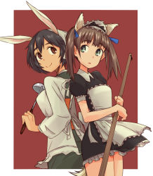Rule 34 | 10s, 2girls, alternate costume, animal ears, apron, aqua eyes, back-to-back, bad id, bad pixiv id, black hair, brave witches, broom, brown eyes, brown hair, cat ears, cat tail, commentary, from side, georgette lemare, hair ribbon, kappougi, ladle, maid, maid apron, maid headdress, multiple girls, open mouth, rabbit ears, rabbit girl, red background, ribbon, shimohara sadako, short hair, simple background, smile, suo (sndrta2n), tail, twintails, world witches series