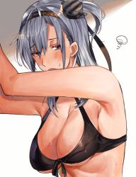 Rule 34 | 1girl, armpits, bikini, black bikini, blush, breasts, from side, front-tie bikini top, front-tie top, hair between eyes, hair ornament, headband, highres, inusaka, kantai collection, large breasts, looking at viewer, medium hair, one side up, open mouth, purple eyes, sideboob, silver hair, solo, squiggle, suzutsuki (kancolle), swimsuit, upper body, wet