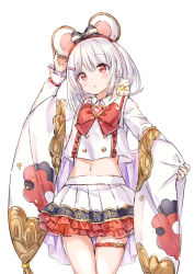 Rule 34 | 1girl, animal, animal ears, animal on shoulder, arm up, blush, bow, brooch, cheese, closed mouth, commentary request, food, frilled skirt, frills, granblue fantasy, hair bow, hand on own ear, head tilt, heart, heart brooch, jewelry, long sleeves, looking at viewer, midriff, mouse (animal), mouse ears, navel, pinching sleeves, pleated skirt, red bow, red eyes, shirt, simple background, skirt, sleeves past wrists, solo, striped, striped bow, thigh gap, vikala (granblue fantasy), wataame27, white background, white hair, white shirt, white skirt, wide sleeves