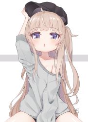 Rule 34 | 1girl, ahoge, arm up, bare shoulders, baseball cap, black hat, blush, collarbone, commentary request, grey background, grey shirt, hat, highres, kokone (coconeeeco), light brown hair, long hair, long sleeves, off shoulder, one side up, original, parted lips, purple eyes, shirt, signature, sitting, solo, two-tone background, very long hair, white background