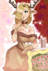 Rule 34 | 1girl, animal ear hairband, animal ears, antlers, arm rest, aura, bare shoulders, blonde hair, blue eyes, breasts, brown choker, brown dress, brown gloves, choker, christmas, christmas tree, christmas tree print, cleavage, collarbone, commentary request, criss-cross halter, deer ears, dress, fake animal ears, fake antlers, finger to mouth, gloves, hair over one eye, hairband, halterneck, horns, large breasts, lips, long hair, looking to the side, masiro, merry christmas, mistletoe, mistletoe print, overlord (maruyama), pink background, pom pom (clothes), red background, reindeer antlers, signpost, snowflake print, snowflakes, solo, solution epsilon, star (symbol), star print, two-tone background