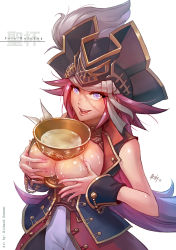 Rule 34 | 10s, 1girl, blue eyes, breasts, breasts out, dated, fate/extra, fate/grand order, fate (series), francis drake (fate), hat, highres, holy grail, large breasts, long hair, looking at viewer, pink hair, pirate hat, richard suwono, simple background, sleeveless, smile, solo, very long hair, white background