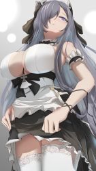 Rule 34 | 1girl, absurdres, apron, august von parseval (azur lane), august von parseval (the conquered unhulde) (azur lane), azur lane, between breasts, black dress, breasts, center opening, curled horns, dress, from below, grey background, gure (gure5532), hair over one eye, highres, horns, large breasts, lifted by self, long hair, looking down, mechanical horns, official alternate costume, one eye covered, purple eyes, purple hair, simple background, sleeveless, sleeveless dress, solo, strap between breasts, thighhighs, two-tone dress, very long hair, waist apron, white apron, white dress, white thighhighs