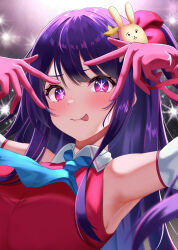 Rule 34 | 1girl, :p, armpits, ascot, blue ascot, commentary request, gloves, highres, hoshino ai (oshi no ko), idol, long hair, looking at viewer, oshi no ko, pink gloves, purple eyes, purple hair, solo, star-shaped pupils, star (symbol), symbol-shaped pupils, telu (teluscarlet), tongue, tongue out, upper body