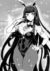 Rule 34 | 1girl, absurdres, animal ears, bare shoulders, blunt bangs, blush, bow, bowtie, breasts, cleavage, cleopatra (fate), covered navel, detached collar, earrings, fake animal ears, fate/grand order, fate (series), fishnet pantyhose, fishnets, gggg, greyscale, hairband, hand on own hip, highres, jewelry, leotard, long hair, looking at viewer, monochrome, necklace, pantyhose, playboy bunny, rabbit ears, ring, smile, solo, very long hair