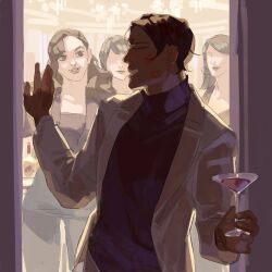 Rule 34 | 1boy, 3girls, brown eyes, brown hair, chengongzi123, closed eyes, cup, dark-skinned male, dark skin, drinking glass, english text, golden kamuy, grin, hands up, holding, holding cup, indoors, koito otonoshin, lipstick mark, lipstick mark on face, long sleeves, multiple girls, party, short hair, smile, standing, upper body, very short hair, waving, wine glass