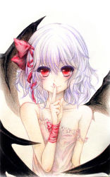 Rule 34 | 1girl, alternate costume, bat wings, chemise, collarbone, colored pencil (medium), female focus, finger to mouth, fingernails, hair ribbon, light purple hair, lingerie, looking at viewer, luoz, off shoulder, red eyes, remilia scarlet, ribbon, short hair, simple background, smile, solo, strap slip, touhou, traditional media, underwear, white background, wings, wrist ribbon, wrist wrap