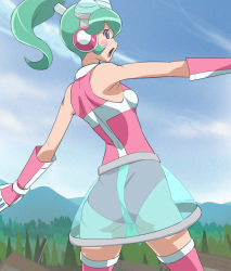 Rule 34 | 1girl, armpits, ass, blue eyes, blue sky, blush stickers, calen (time bokan), cloud, day, from side, gloves, green hair, hair between eyes, halterneck, haruyama kazunori, legs apart, leotard, miniskirt, open mouth, outdoors, outstretched arm, parted bangs, pencil skirt, pink thighhighs, ponytail, see-through, see-through skirt, short hair, skirt, sky, sleeveless, solo, standing, thighhighs, time bokan (series), time bokan 24