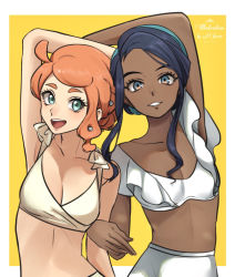 Rule 34 | 2girls, :d, alternate breast size, bikini, black hair, border, breasts, cleavage, collarbone, commentary request, creatures (company), dark-skinned female, dark skin, echizen (n fns17), eyelashes, game freak, green eyes, hair ornament, highres, locked arms, looking at viewer, multicolored hair, multiple girls, nessa (pokemon), nintendo, open mouth, orange hair, pokemon, pokemon swsh, sidelocks, smile, sonia (pokemon), swimsuit, teeth, tongue, two-tone hair, upper body, upper teeth only, white border, yellow background, yellow bikini