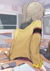 Rule 34 | antenna hair, armband, cardigan, classroom, desk, from behind, highres, kasukabe tsumugi, light brown hair, messy hair, on desk, pleated skirt, pocche-ex, safety pin, school desk, scrunchie, side ponytail, single off shoulder, sitting, skirt, voicevox, wrist scrunchie, yellow cardigan