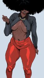 Rule 34 | 1girl, absurdres, afro, black shirt, breasts, breasts apart, dark-skinned female, dark skin, feet out of frame, highres, jewelry, long sleeves, medium breasts, midriff, navel, necklace, no bra, open mouth, original, pants, partially unbuttoned, red pants, shirt, simple background, solo, viv (whoopsatro), white background, whoopsatro