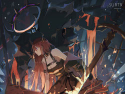 Rule 34 | 1girl, arknights, bad id, bad pixiv id, black dress, black jacket, breasts, character name, cleavage, closed mouth, commentary, copyright name, cowboy shot, demon horns, dress, english commentary, fire, flaming sword, flaming weapon, from side, horns, jacket, lococo:p, long hair, medium breasts, off shoulder, open clothes, open jacket, oversized object, profile, purple eyes, red hair, sleeveless, sleeveless dress, smile, surtr (arknights), sword, weapon