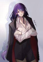 Rule 34 | 1girl, braid, breasts, cleavage, closed mouth, coat, coat on shoulders, collared shirt, crossed arms, earrings, genshin impact, grey background, highres, jewelry, large breasts, long hair, long sleeves, looking at viewer, mole, mole under eye, office lady, purple eyes, purple hair, raiden shogun, rudang, shirt, sidelocks, signature, skirt, solo, two-sided coat, two-sided fabric, white shirt, wing collar