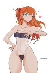 Rule 34 | 1girl, absurdres, blue nails, breasts, capraraw, cleavage, commentary, covered navel, cowboy shot, english commentary, gluteal fold, gris swimsuit, heart, highres, interface headset, long hair, medium breasts, meme attire, nail polish, neon genesis evangelion, one-piece swimsuit, one eye closed, one side up, orange hair, see-through swimsuit, solo, souryuu asuka langley, strapless, strapless one-piece swimsuit, swimsuit, thick thighs, thighs