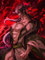 Rule 34 | 1boy, angry, ashiya douman (fate), asymmetrical hair, bare pectorals, bell, black eyes, black hair, curly hair, earrings, fate/grand order, fate (series), fingernails, from side, green kimono, green nails, hair bell, hair between eyes, hair intakes, hair ornament, highres, japanese clothes, jewelry, kimono, large pectorals, long hair, magatama, magatama earrings, male focus, multicolored hair, muscular, muscular male, nail polish, nonono nagata, open clothes, open kimono, pectorals, resized, serious, sharp fingernails, solo, thighs, third-party edit, two-tone hair, very long fingernails, very long hair, white hair