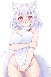 Rule 34 | 1girl, animal ear fluff, animal ears, arm under breasts, breasts, grey hair, inubashiri momiji, large breasts, looking at viewer, pom pom (clothes), red eyes, rururiaru, shirt, short hair, sleeveless, sleeveless shirt, tail, touhou, wolf ears, wolf girl, wolf tail