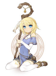 Rule 34 | 1girl, 47agdragon, blonde hair, blue eyes, blue skirt, blush, boots, brown footwear, full body, highres, holding, holding staff, looking at viewer, original, parted lips, pleated skirt, pouch, shoes, simple background, sitting, skirt, solo, staff, thighhighs, thighs, wariza, white background, white thighhighs