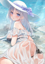 Rule 34 | 1girl, artist name, ass, bag, bare shoulders, beach, black bra, black panties, blue eyes, blush, bow, bra, bra visible through clothes, breasts, day, dress, feet out of frame, frilled dress, frills, from side, handbag, hat, hat bow, highres, large breasts, long hair, looking at viewer, looking to the side, lying, off-shoulder dress, off shoulder, on side, original, outdoors, panties, parted bangs, parted lips, plaid, plaid bow, purple bow, see-through, solo, straight hair, sun hat, sundress, sunlight, swept bangs, underwear, water, wet, wet clothes, wet dress, white dress, white hair, yukimiya yuge