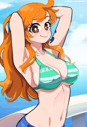 Rule 34 | 1girl, absurdres, armpits, arms up, bikini, bikini top only, blue sky, breasts, bright pupils, brown eyes, cleavage, cloud, dashi (dashiart), highres, large breasts, long hair, nami (one piece), navel, ocean, one piece, orange hair, shoulder tattoo, sky, smile, solo, swimsuit, tattoo, white pupils