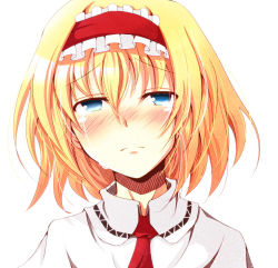 Rule 34 | 1girl, alice margatroid, blonde hair, blue eyes, blush, chata maru (irori sabou), crying, crying with eyes open, female focus, frown, hairband, looking at viewer, short hair, simple background, solo, tears, touhou, white background