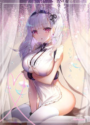 Rule 34 | 1girl, apple caramel, apron, azur lane, black hairband, blouse, blush, bottomless, breasts, clothing cutout, dido (azur lane), earrings, floral background, frills, hairband, highres, jewelry, lace-trimmed hairband, lace trim, large breasts, long hair, looking at viewer, naked apron, pink eyes, shirt, silver hair, sleeveless, sleeveless shirt, solo, thighhighs, underboob, underboob cutout, waist apron, white apron, white thighhighs