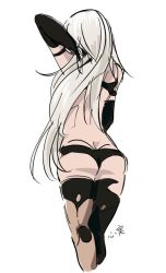 Rule 34 | 1girl, android, ass, doodle, holding, holding behind back, kokomi (aniesuakkaman), long hair, nier:automata, nier (series), revealing clothes, solo, very long hair, white hair, a2 (nier:automata)