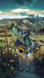 Rule 34 | 1girl, absurdres, apron, black footwear, blonde hair, blue skirt, blunt bangs, bouquet, choker, closed mouth, cloud, commentary, dirt road, floral print, flower, geki dan, grass, green shirt, hair ornament, hairclip, hand on headwear, hat, hat ribbon, highres, holding, holding bouquet, lantern, mary janes, meadow, moon, mountain, original, outdoors, ponytail, print skirt, railing, ribbon, road, rural, sailor collar, scenery, shirt, shoes, sidelocks, signature, skirt, sky, smile, standing, sun hat, sunflower, symbol-only commentary, yellow eyes