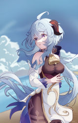 Rule 34 | 1girl, absurdres, ahoge, bare shoulders, beach, bell, black legwear, blue hair, blush, bow, bowtie, breasts, cloud, curled horns, detached sleeves, feng1180, fingers together, ganyu (genshin impact), genshin impact, gold trim, highres, horns, long hair, looking to the side, low ponytail, medium breasts, neck bell, no gloves, purple eyes, sidelocks, solo, standing, thighlet, thighs, very long hair, white sleeves
