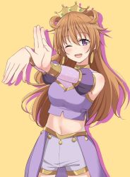 Rule 34 | 1girl, ;), artist name, artist request, blush, bracelet, breasts, brown hair, butterfly (love live!), choker, cleavage, clothing cutout, collarbone, cropped shirt, crown, detached sleeves, double bun, dress, dress shirt, earrings, female focus, gold bracelet, hair between eyes, hair bun, hair rings, harem outfit, jewelry, konoe kanata, long hair, looking at viewer, love live!, love live! nijigasaki high school idol club, love live! school idol festival, medium breasts, navel, one eye closed, parted lips, puffy short sleeves, puffy sleeves, purple eyes, purple ribbon, purple shirt, purple shorts, ribbon, shirt, short sleeves, shorts, shoulder cutout, smile, solo, two side up, wink, yellow background, yellow bracelet, yellow choker